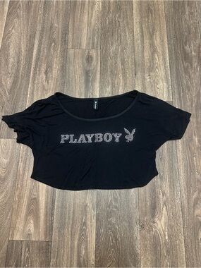 PLAYBOY Black and Silver Rhinestone Logo Crop Top